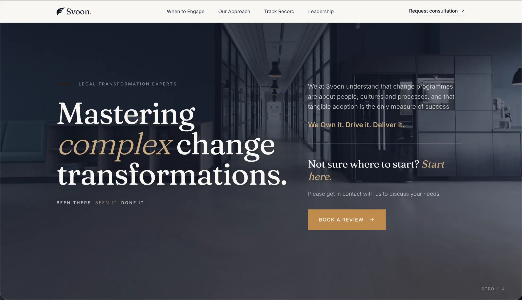 The Svoon LTD website we built, a refined editorial dark design for the transformation consultancy